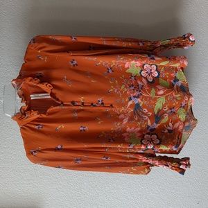 Anthropologie Floral Chiffon Blouse Size XS Burnt Orange Tropical Bird Prin